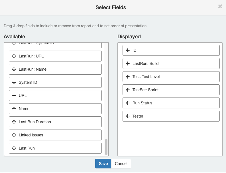 Test, Test Set and Run level fields in Instances reports