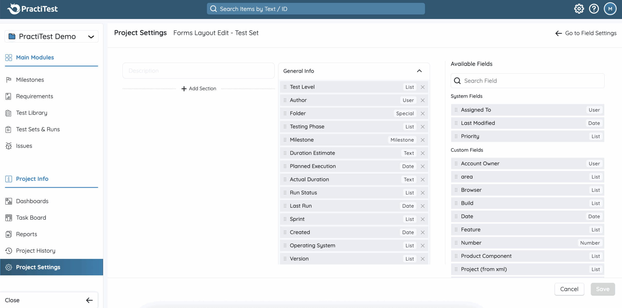 configure the test set layout
