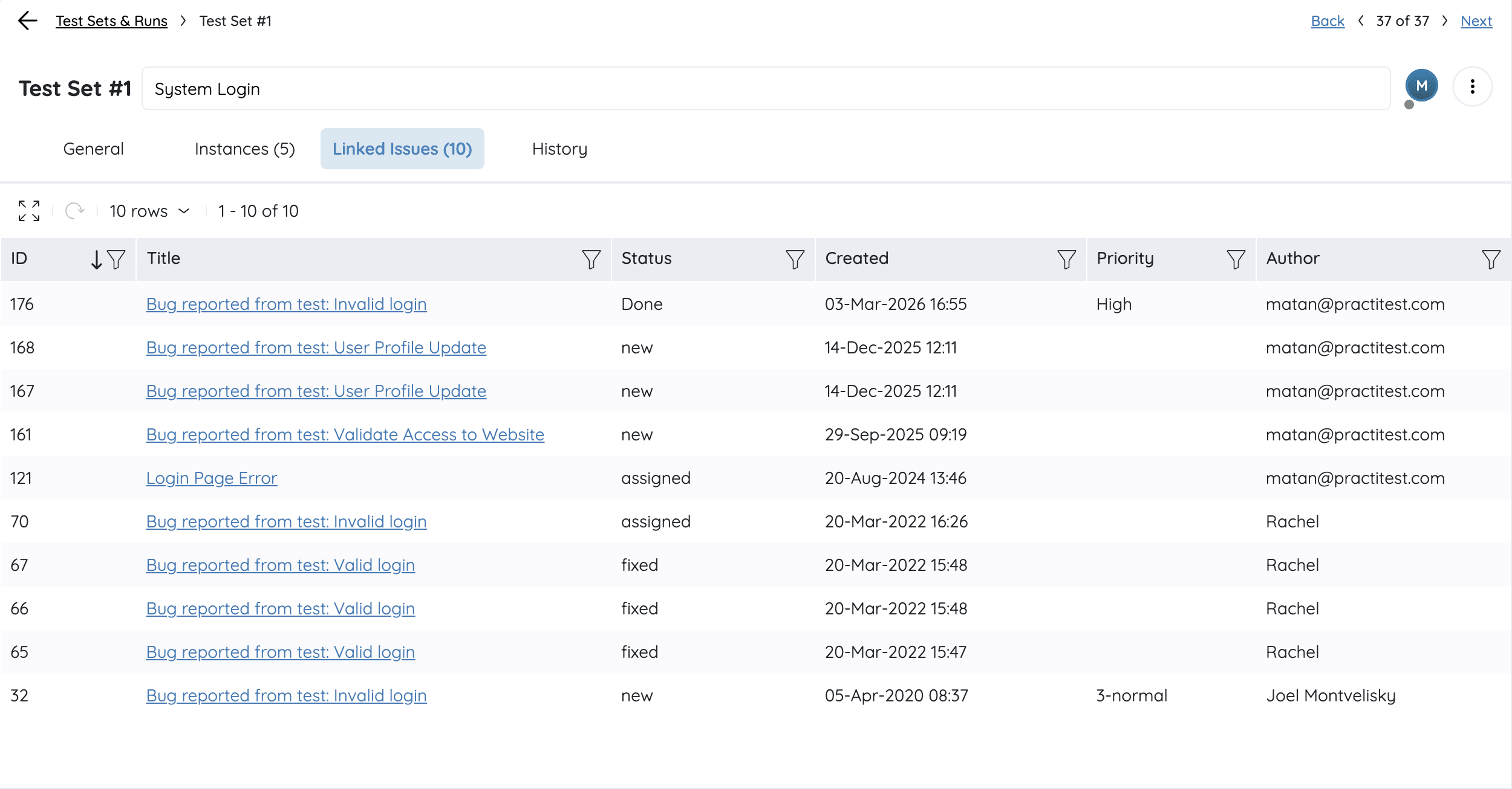 Linked issues tab in a test set