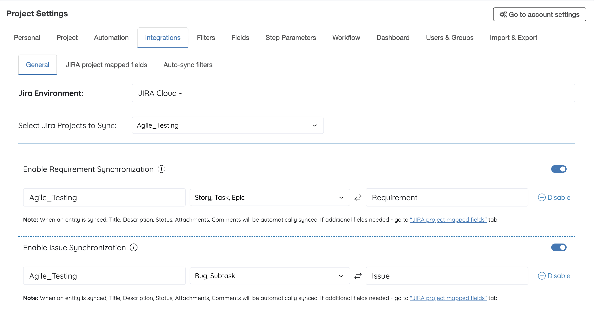 Jira Integration Settings